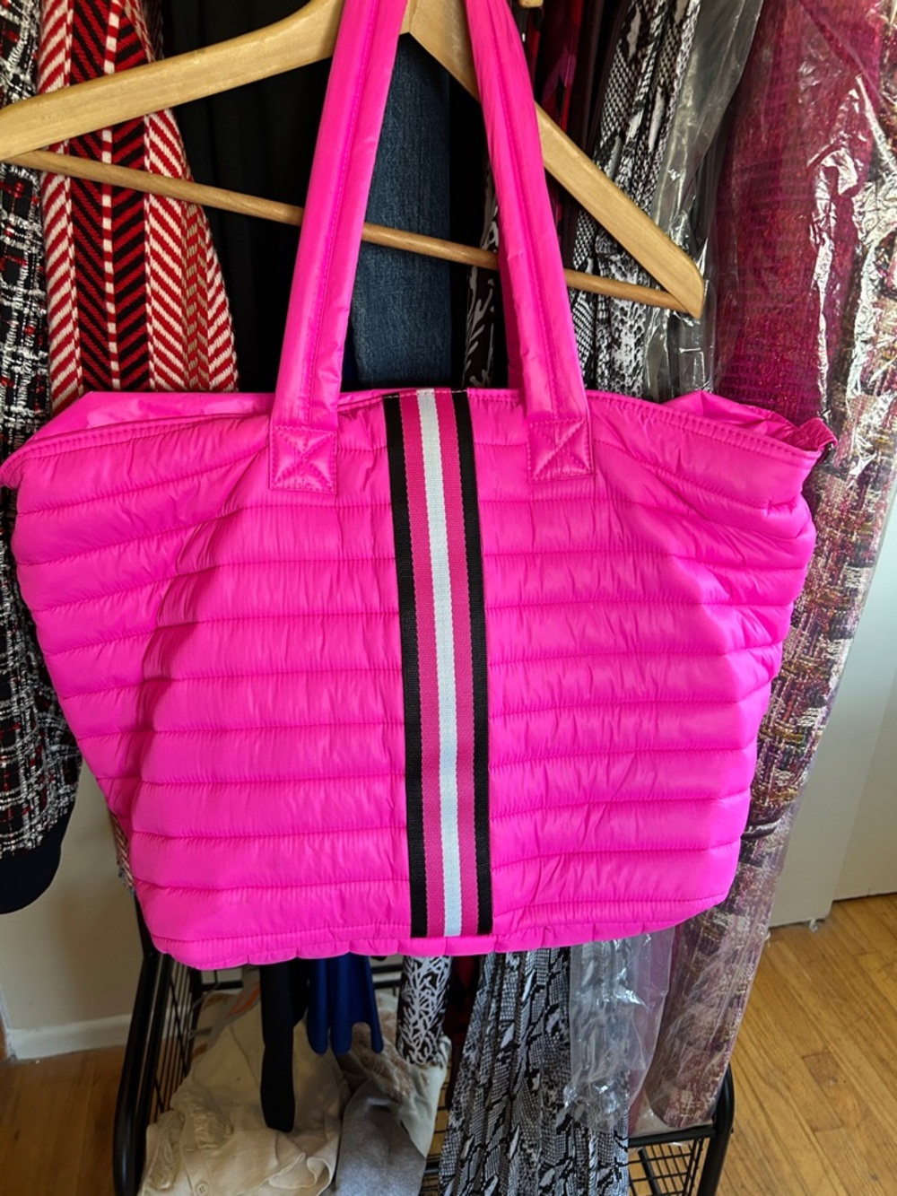THINK ROYLN Hot Pink Quilted Tote with Center Stripe